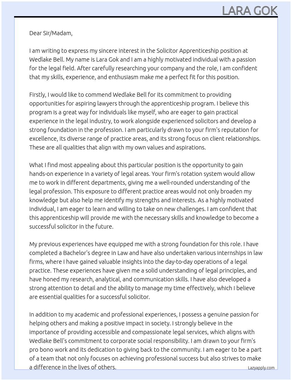 Solicitor apprenticeship At Wedlake Bell Cover Letter