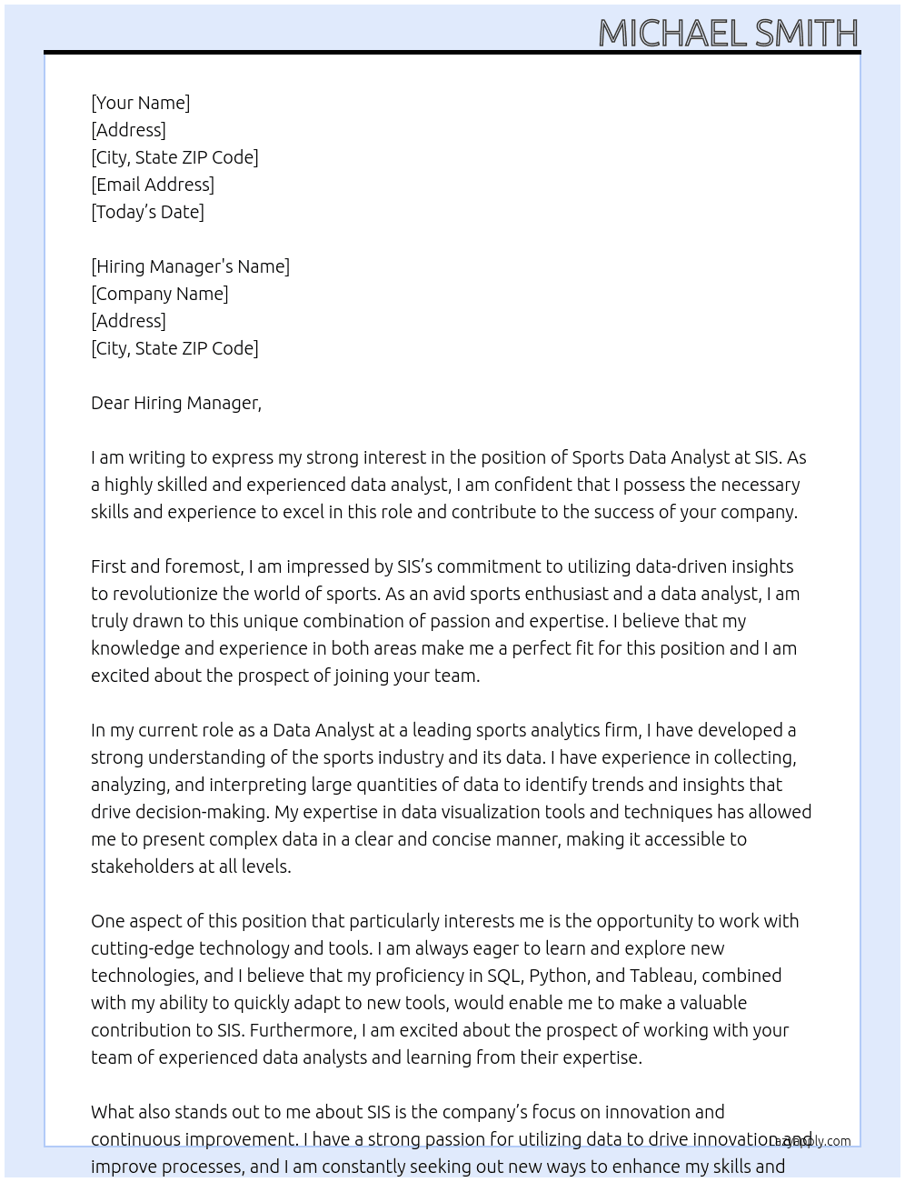 Sports Data Analyst At SIS Cover Letter