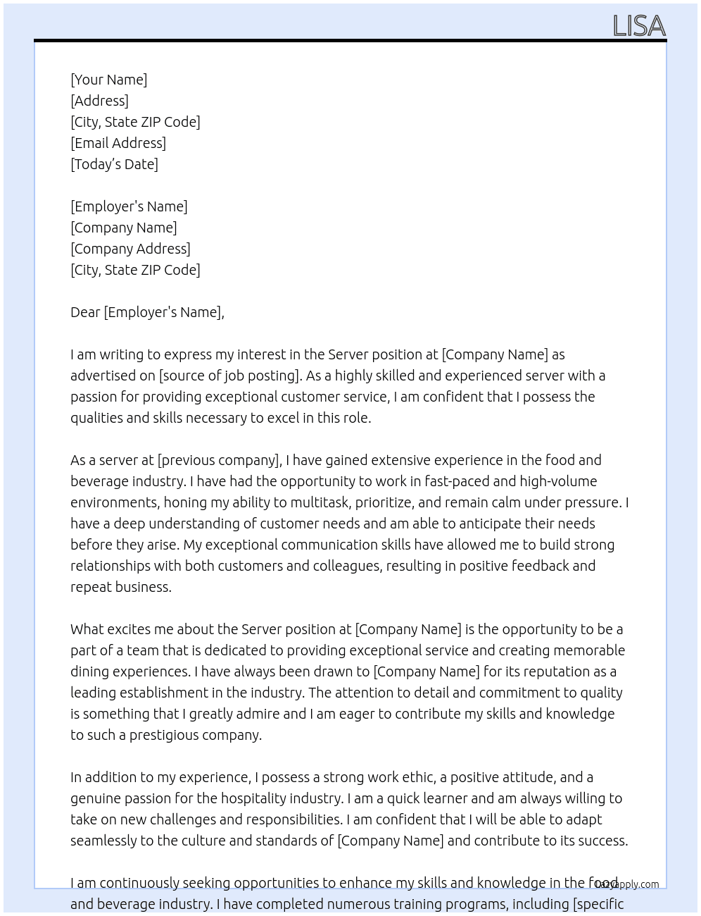 Server At Arbru Cover Letter