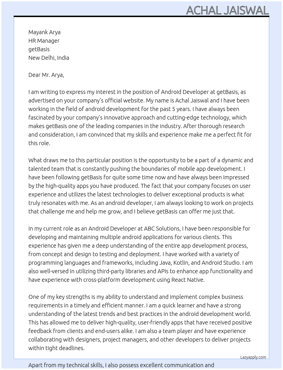 Android Developer At getBasis Cover Letter