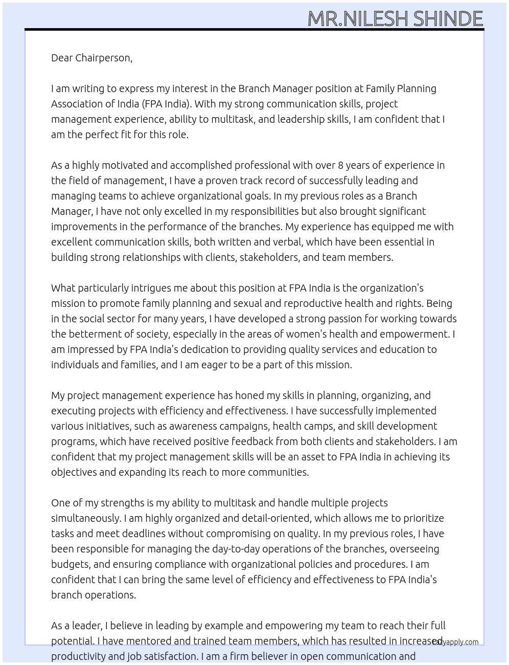 Branch Manager At Family Planning Association of India (FPA India) Cover Letter