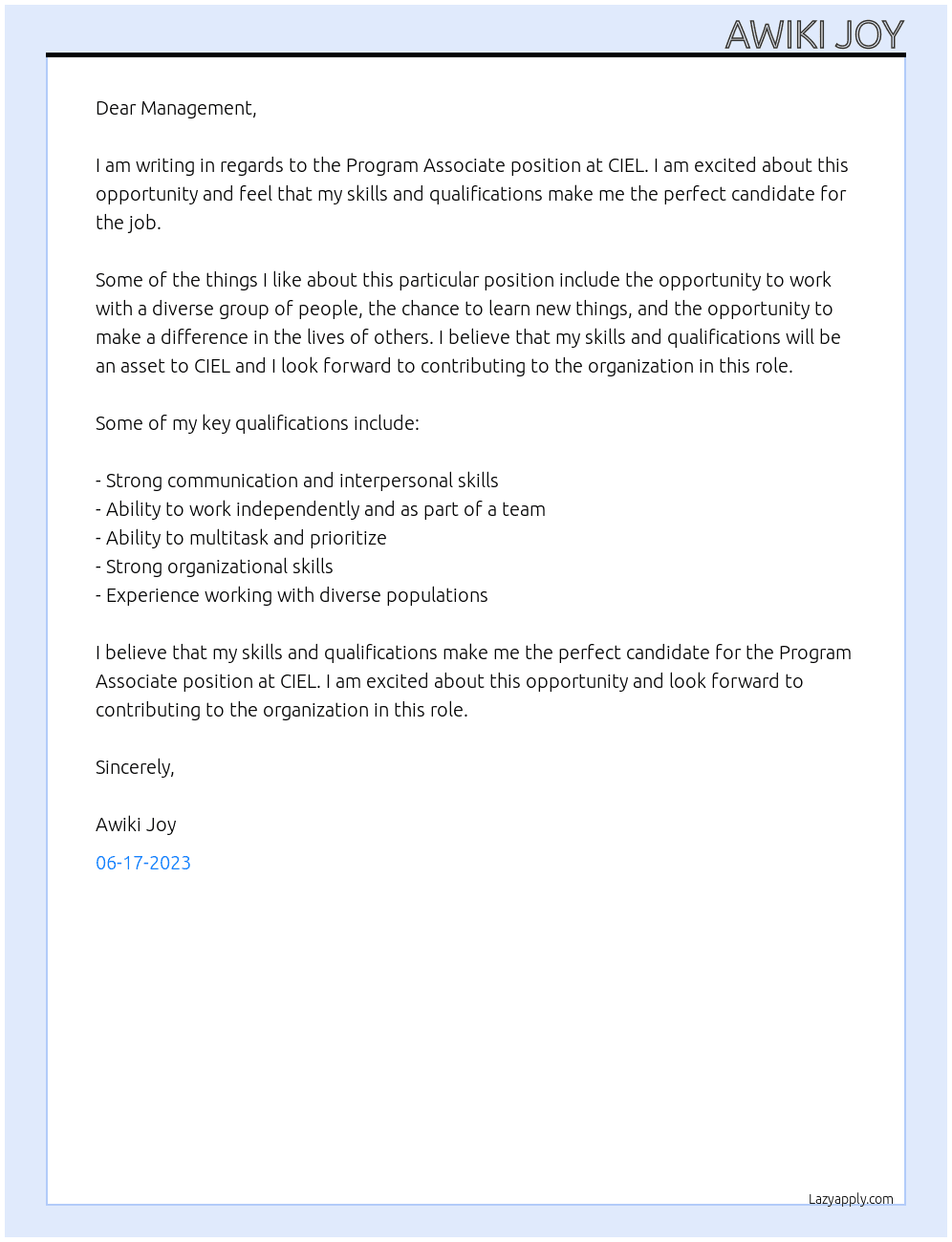 Program Associate At CIEL Cover Letter