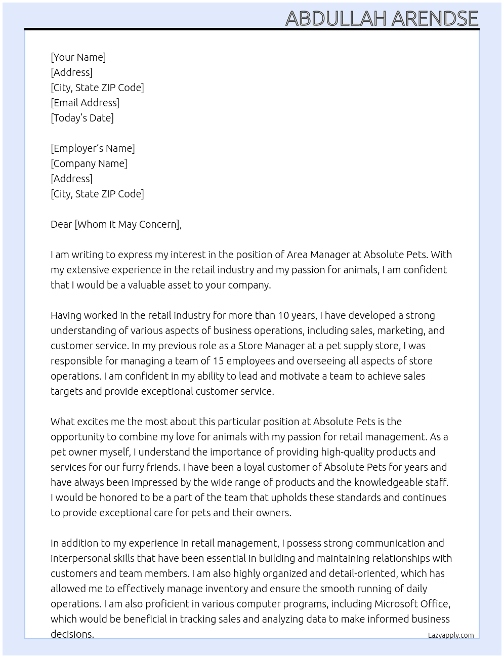 Area manager  At Absolute Pets  Cover Letter