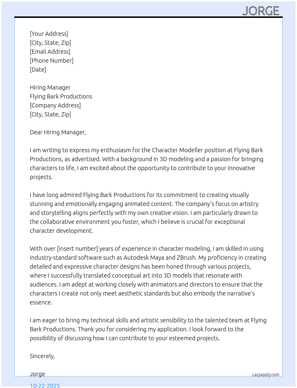 Cover letter for character modeller - LazyApply
