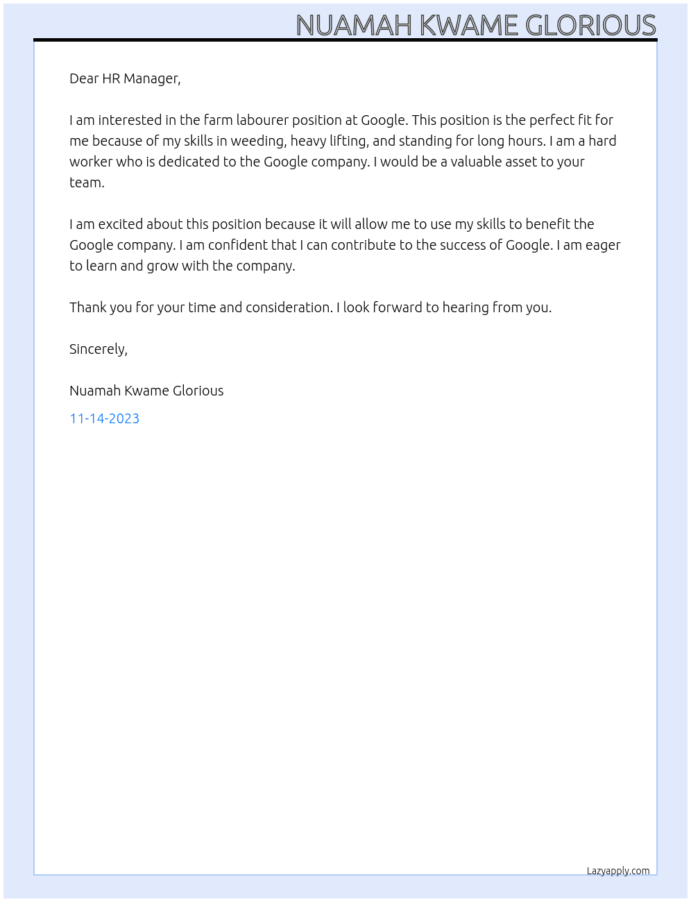 Farm labourer At Google  Cover Letter