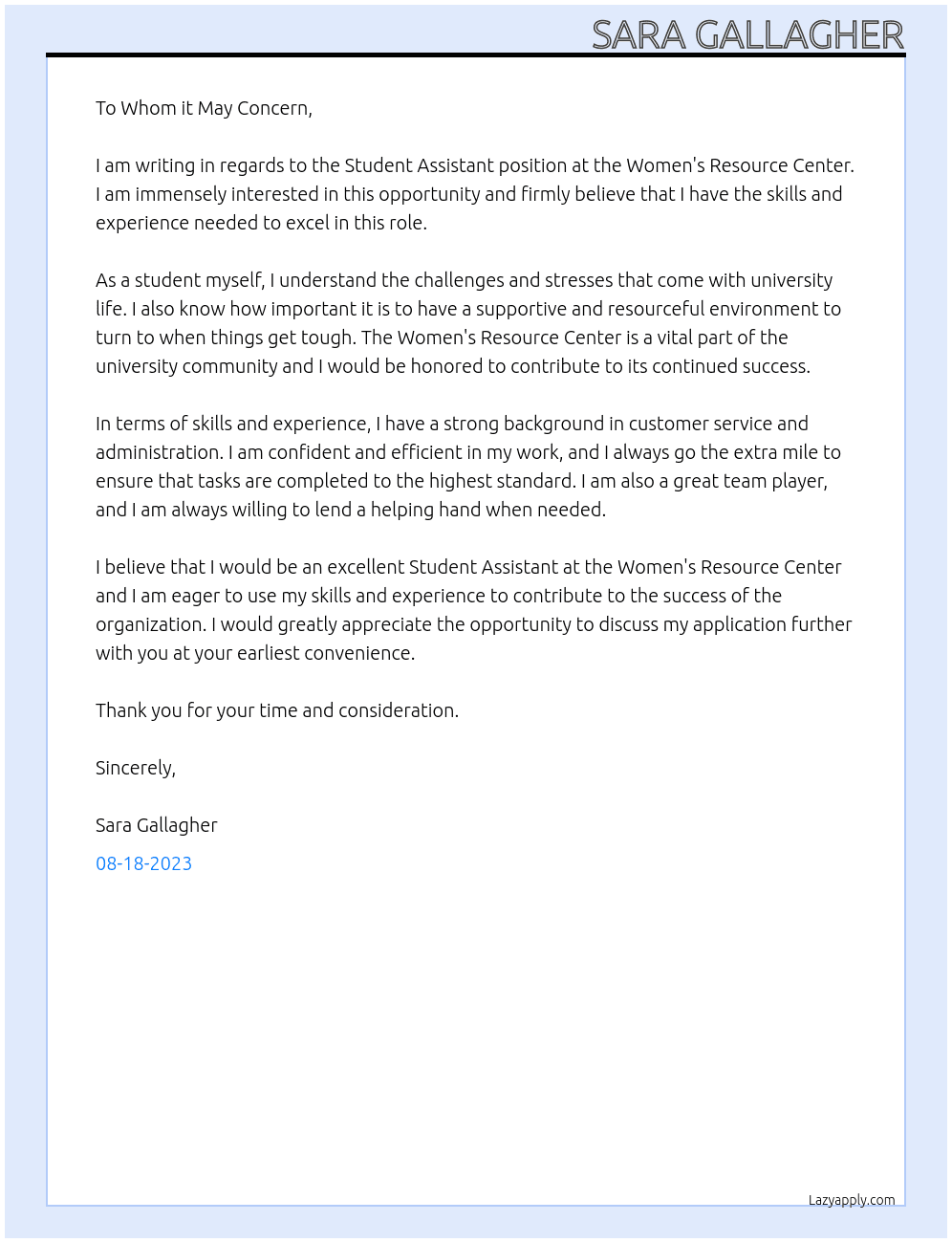 Student Assistant At Women's Resource Center Cover Letter