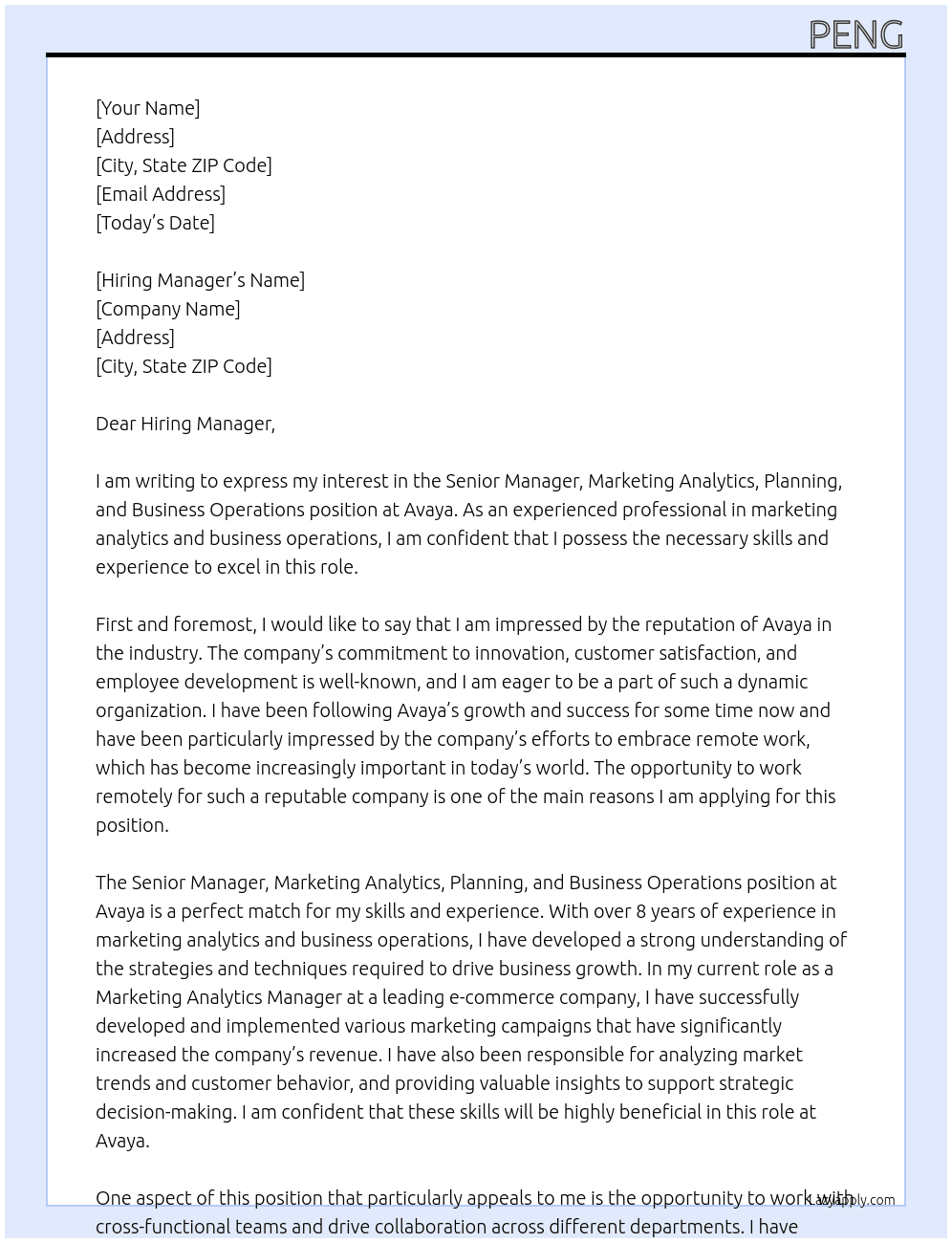 Senior Manager, Marketing Analytics, Planning, and Business Operations (Remote) At Avaya Cover Letter