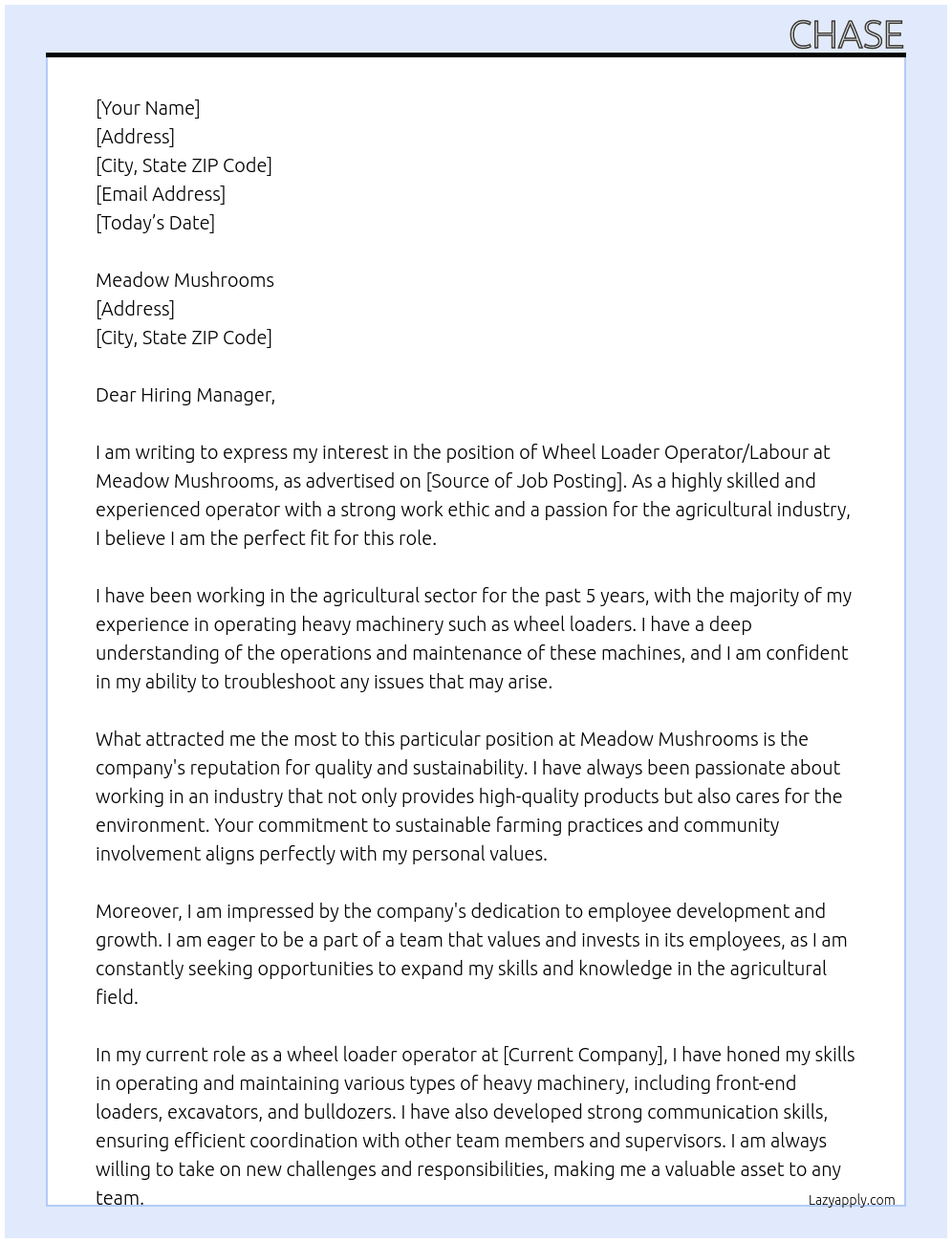 Cover letter for wheel loader operator/labour - LazyApply