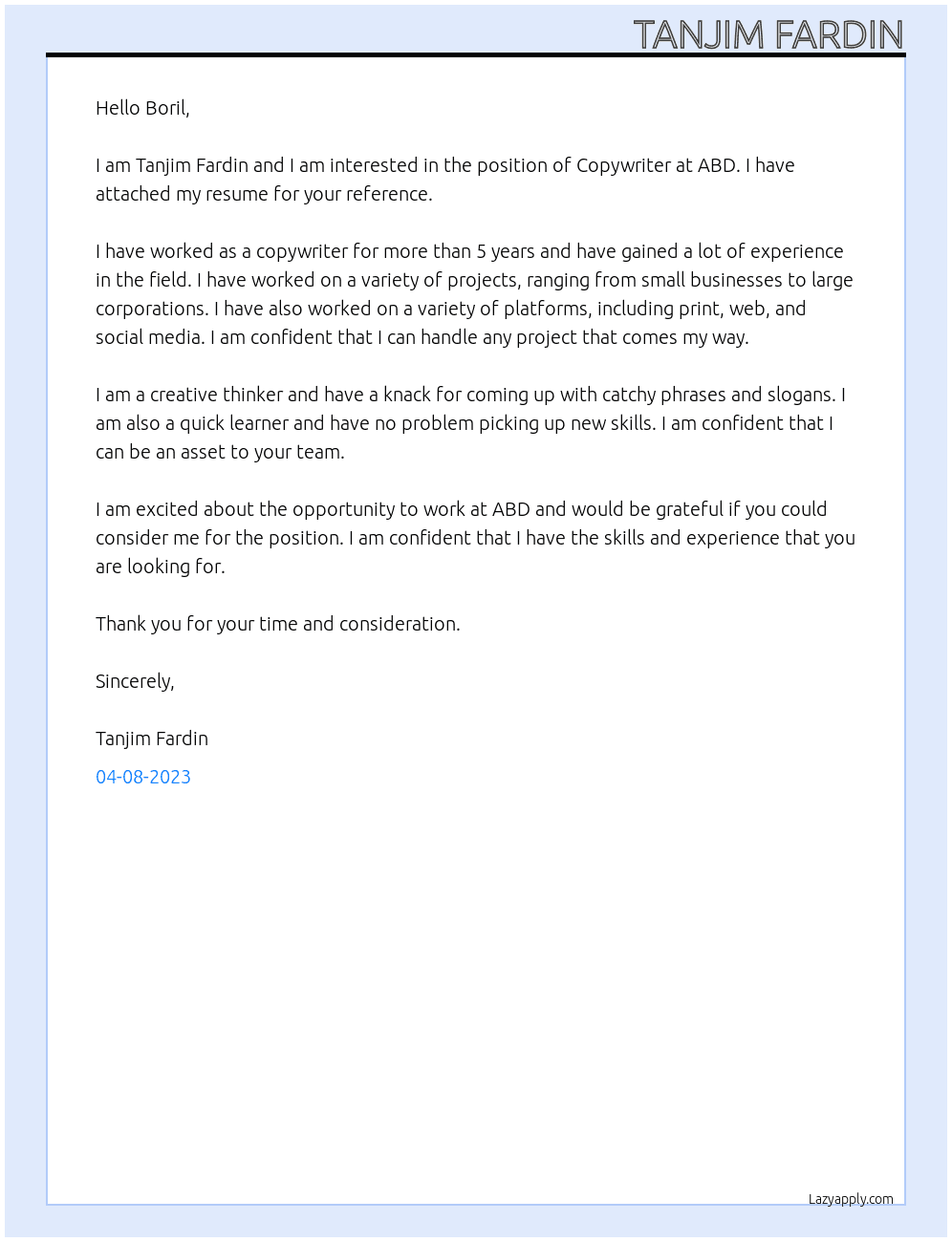 Copywriter At ABD Cover Letter