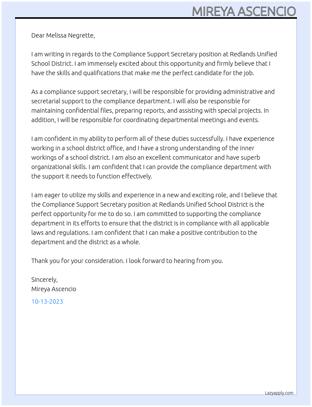 Compliance Support Secretary  At Redlands Unified School District Cover Letter
