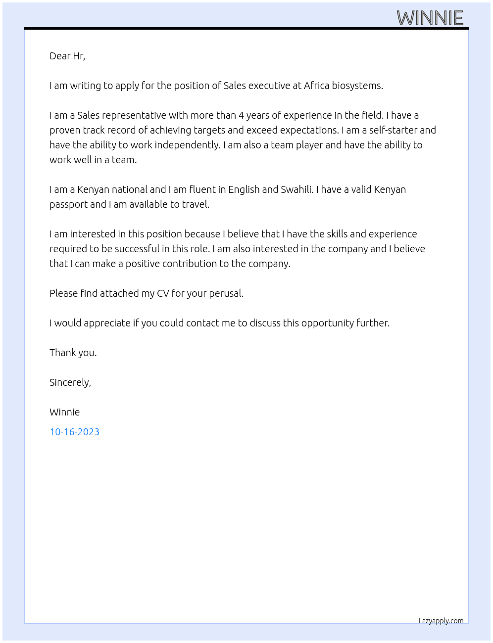 Sales executive  At Africa biosystems  Cover Letter