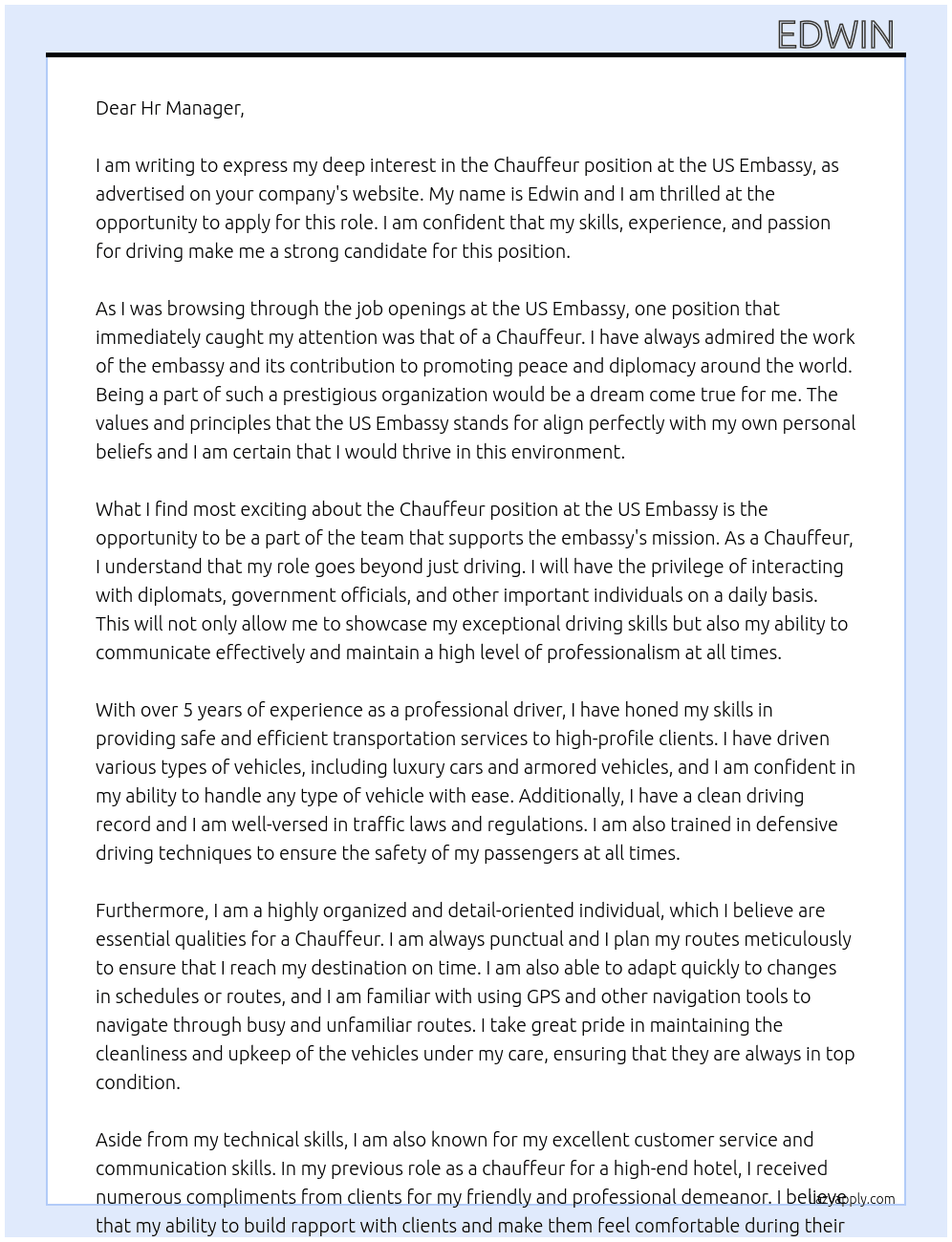 Chauffeur  At Us Embassy  Cover Letter