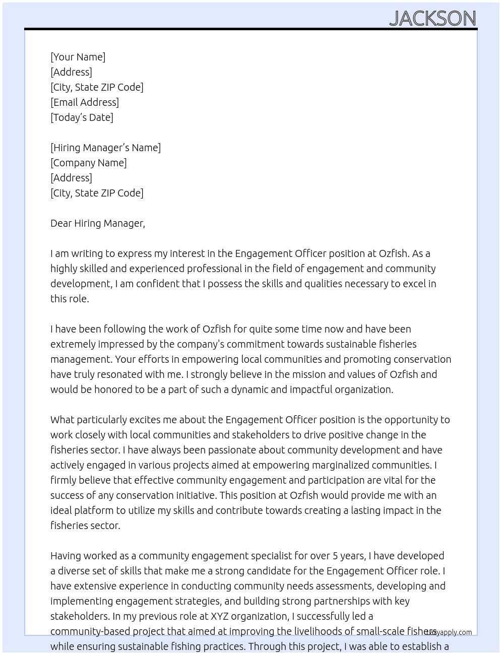 Engagement Officer At Ozfish Cover Letter