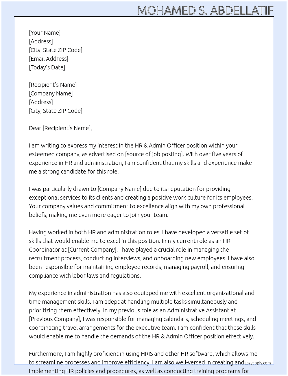HR & Admin Officer At Whom it may concern Cover Letter