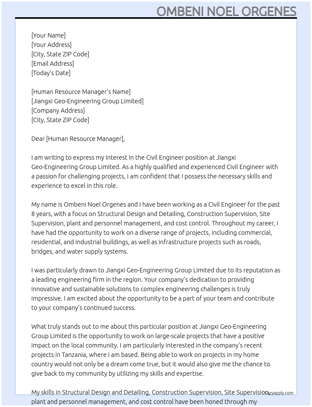 Civil engineer At Jiangxi Geo-Engineering Group Limited Cover Letter