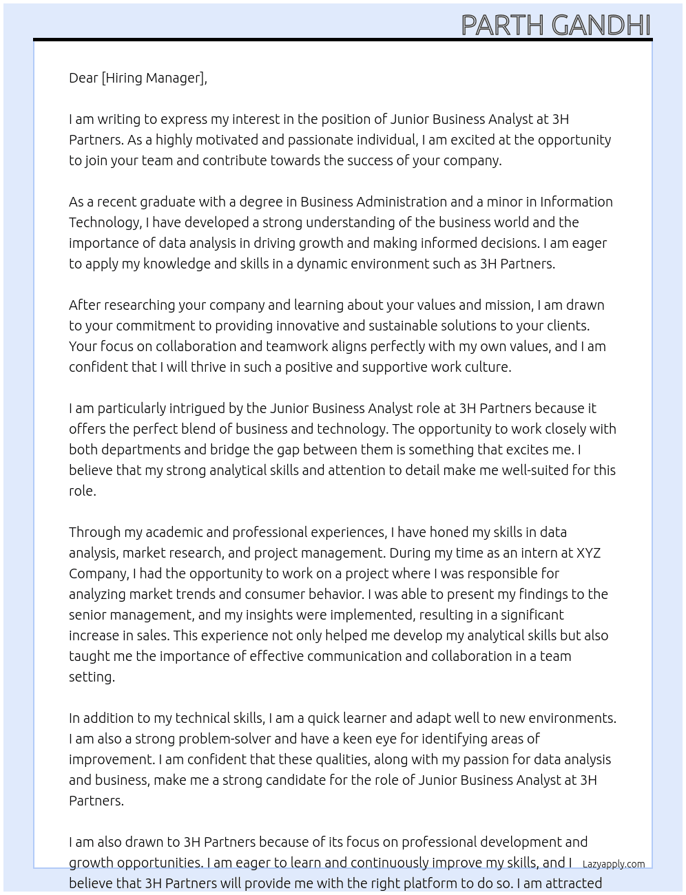 Junior Business analyst At 3H Partners Cover Letter