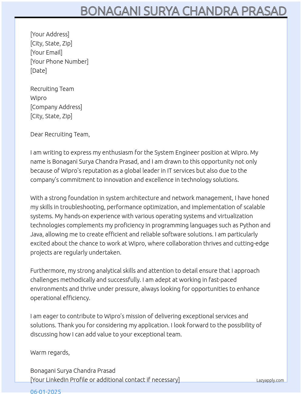 system engineer At wipro Cover Letter