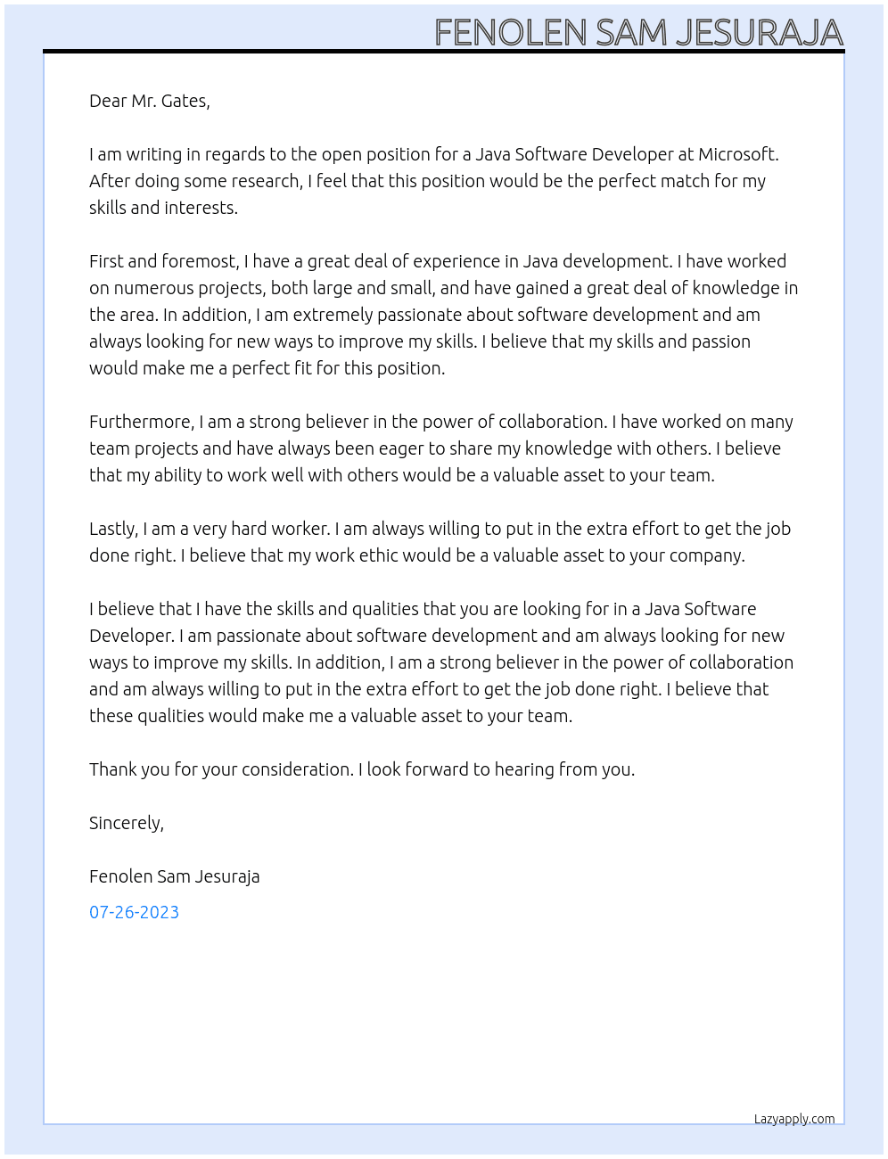 Java Software Developer  At Microsoft  Cover Letter