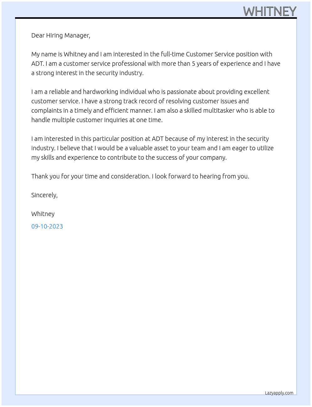 Customer Service At ADT Cover Letter