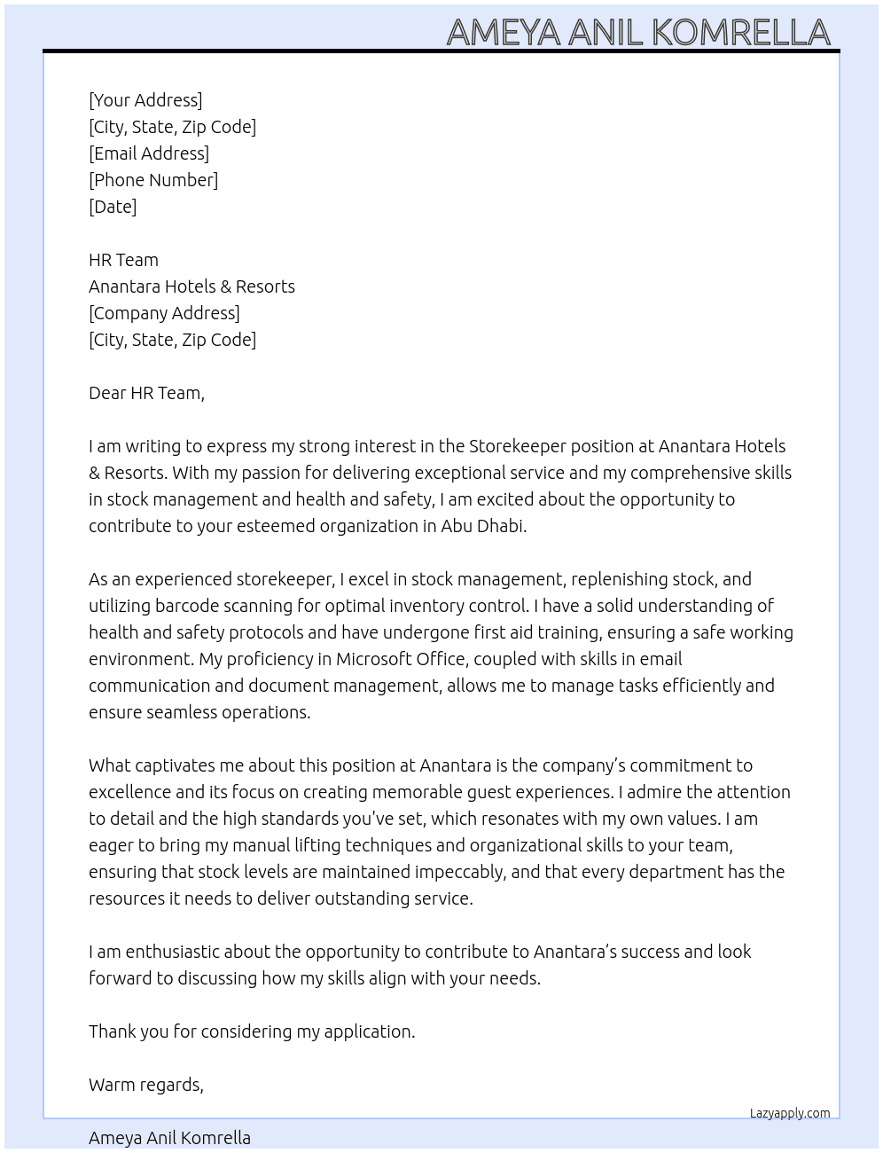Storekeeper At Anantara Hotels & Resorts Cover Letter