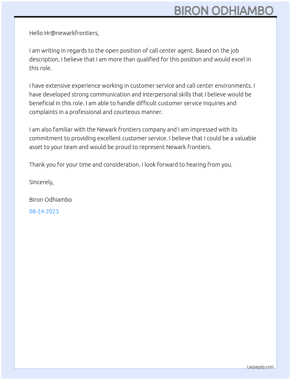Call center agent  At Newark frontiers  Cover Letter