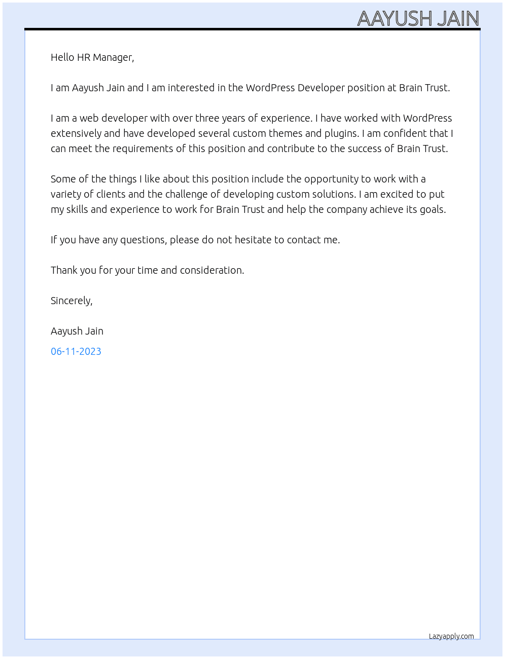 WordPress Developer  At Brain Trust Cover Letter