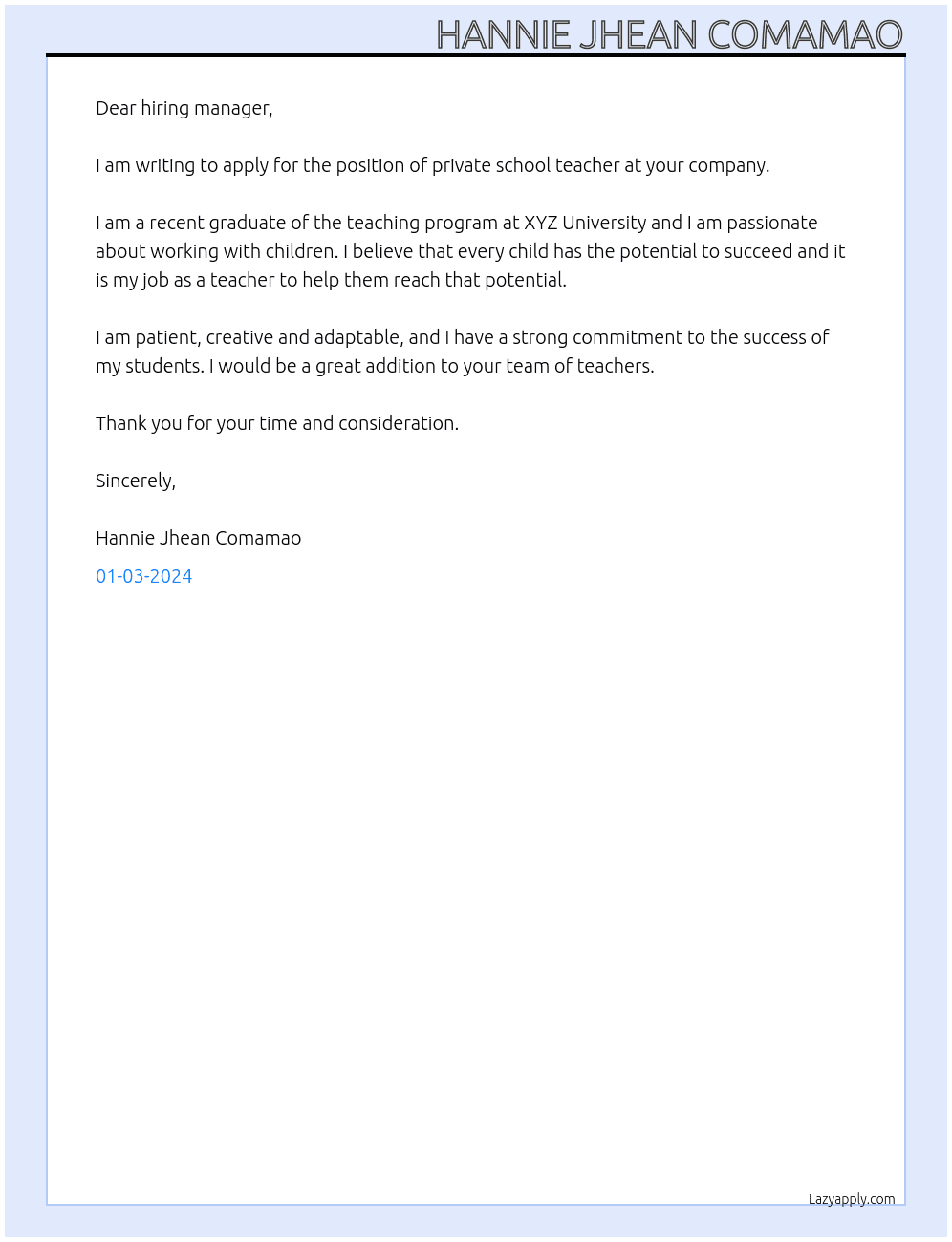 Private School Teacher  At School Teacher  With no Experience  Cover Letter