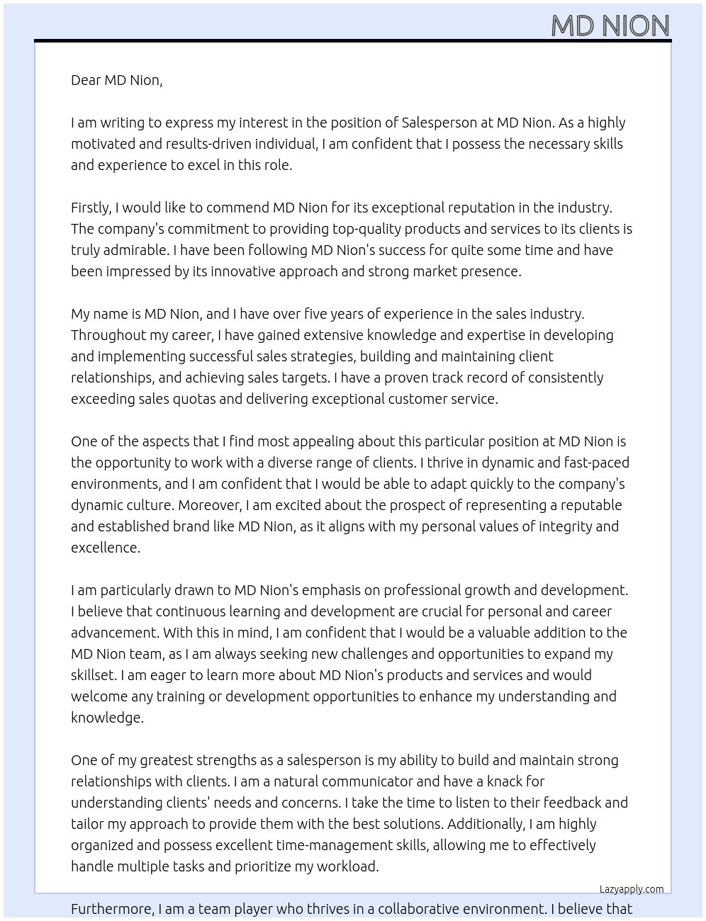 Salesperson At MD Nion Cover Letter