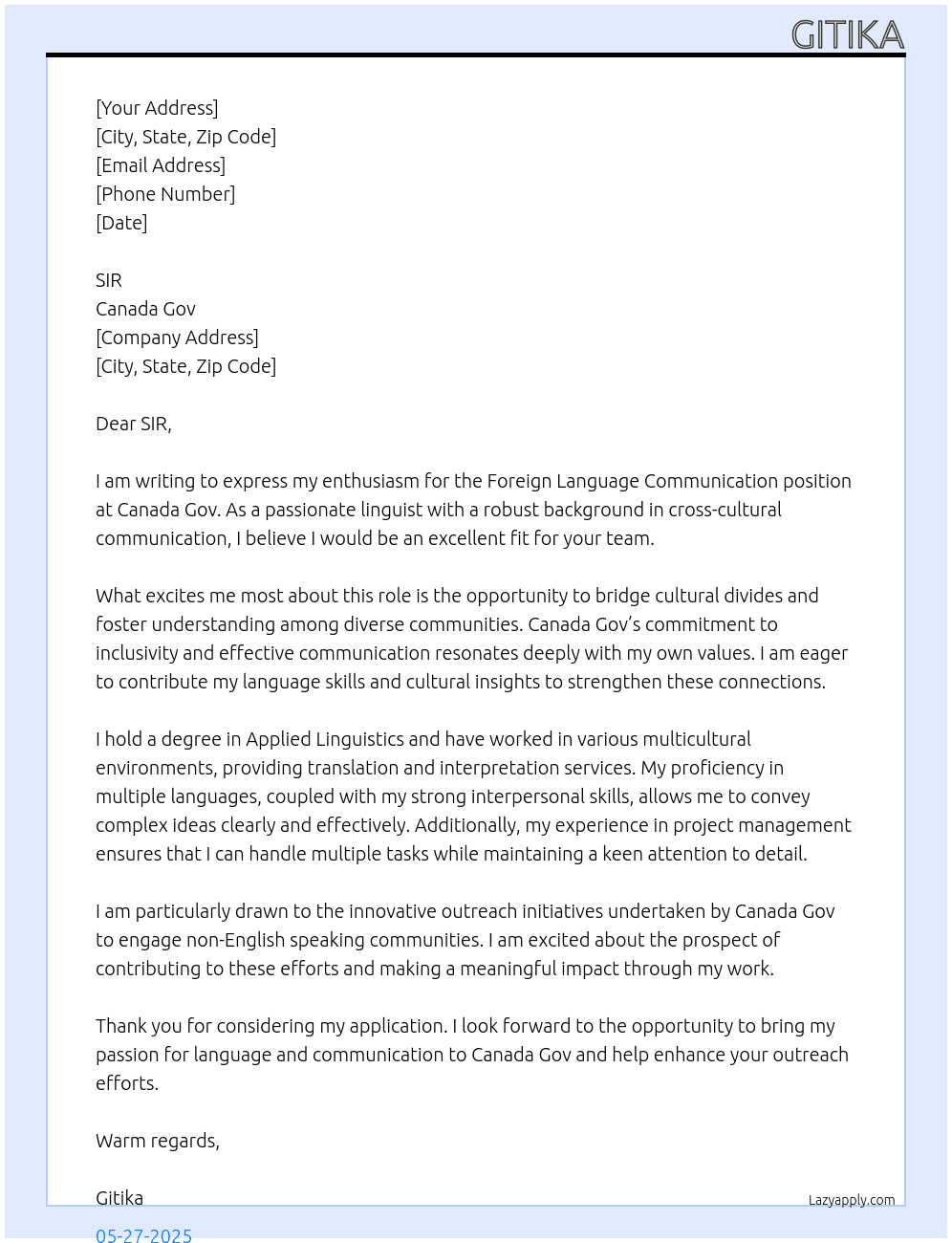 Cover letter for foreign language communication - LazyApply