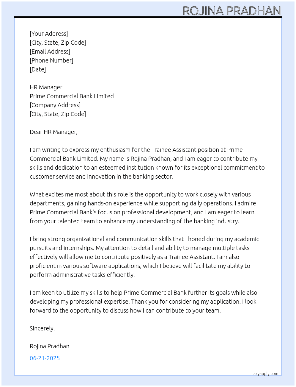 Trainee Assistant At Prime Commercial Bank Limited Cover Letter