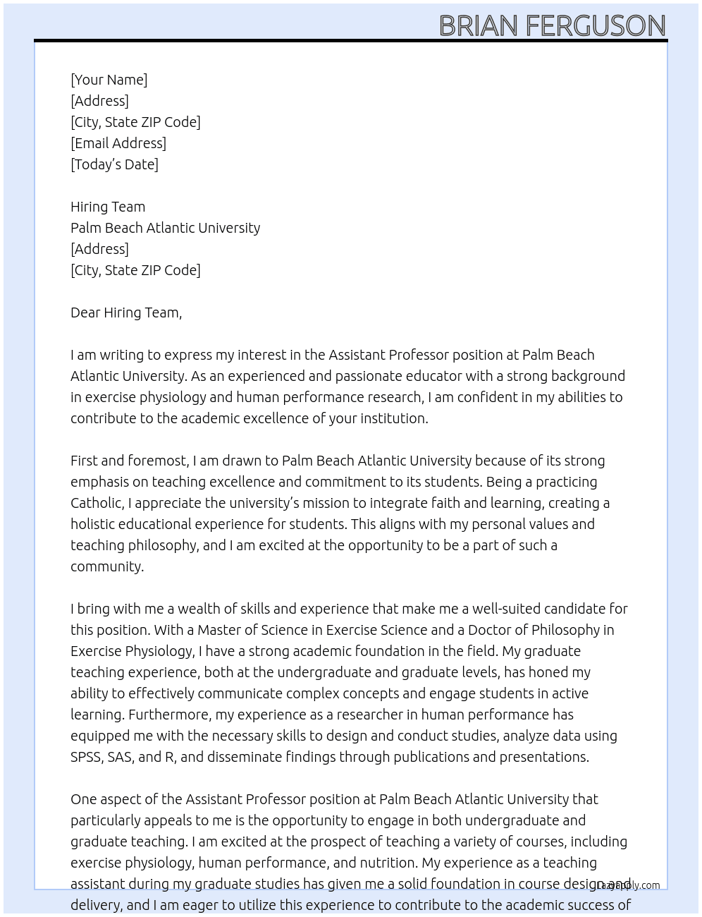 Assistant Professor At Palm Beach Atlantic University Cover Letter