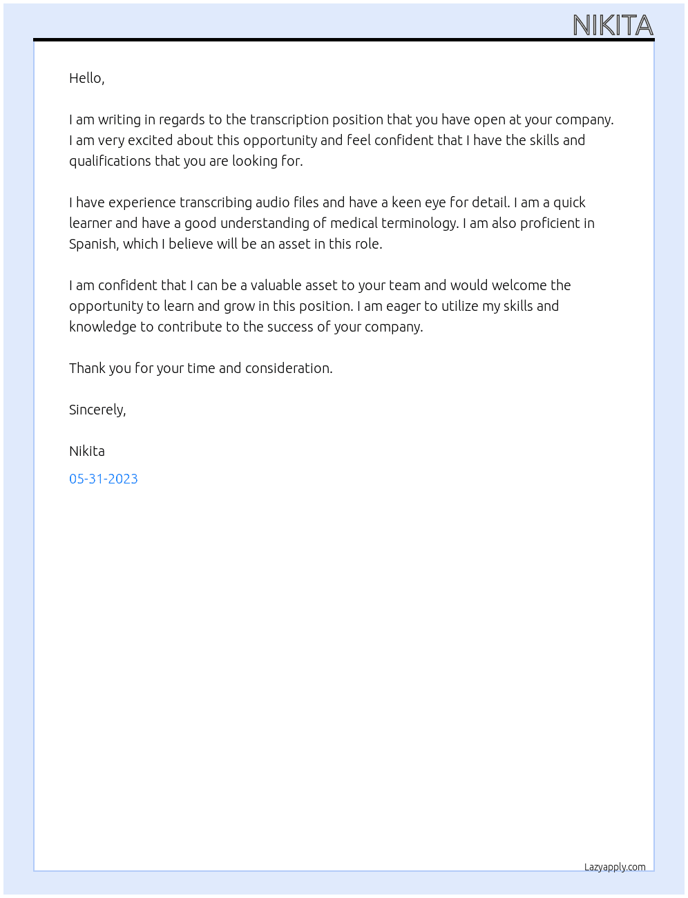 Transcription At Gaby Serpa - GO251  Cover Letter