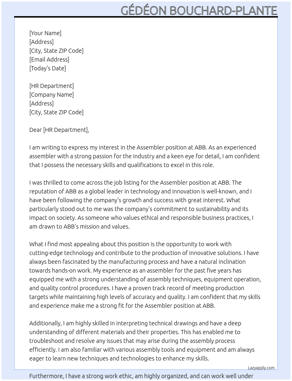 assembler At ABB Cover Letter
