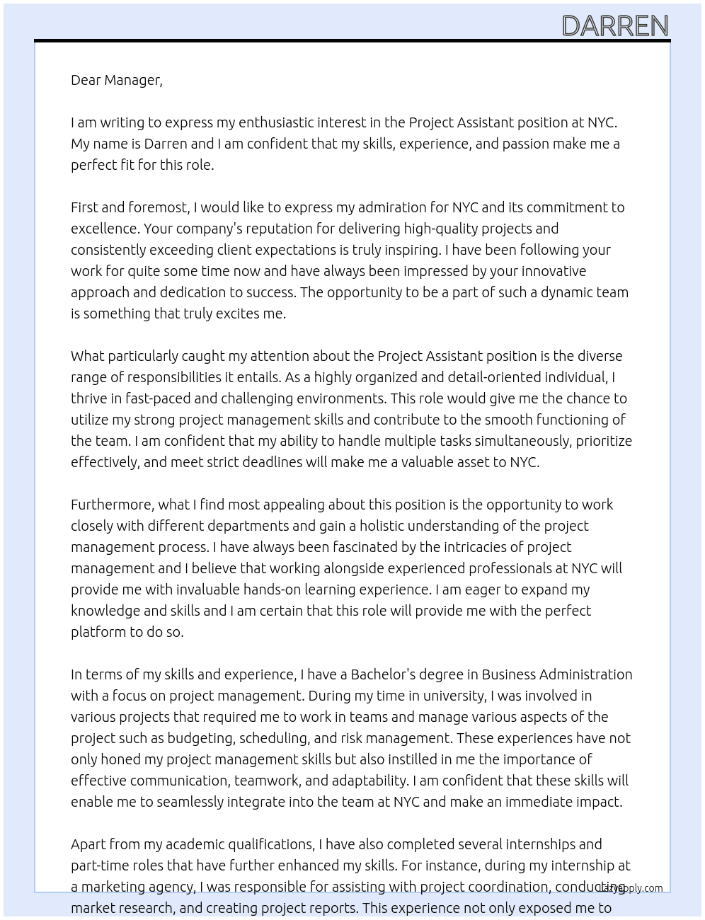Project assistant  At NYC Cover Letter