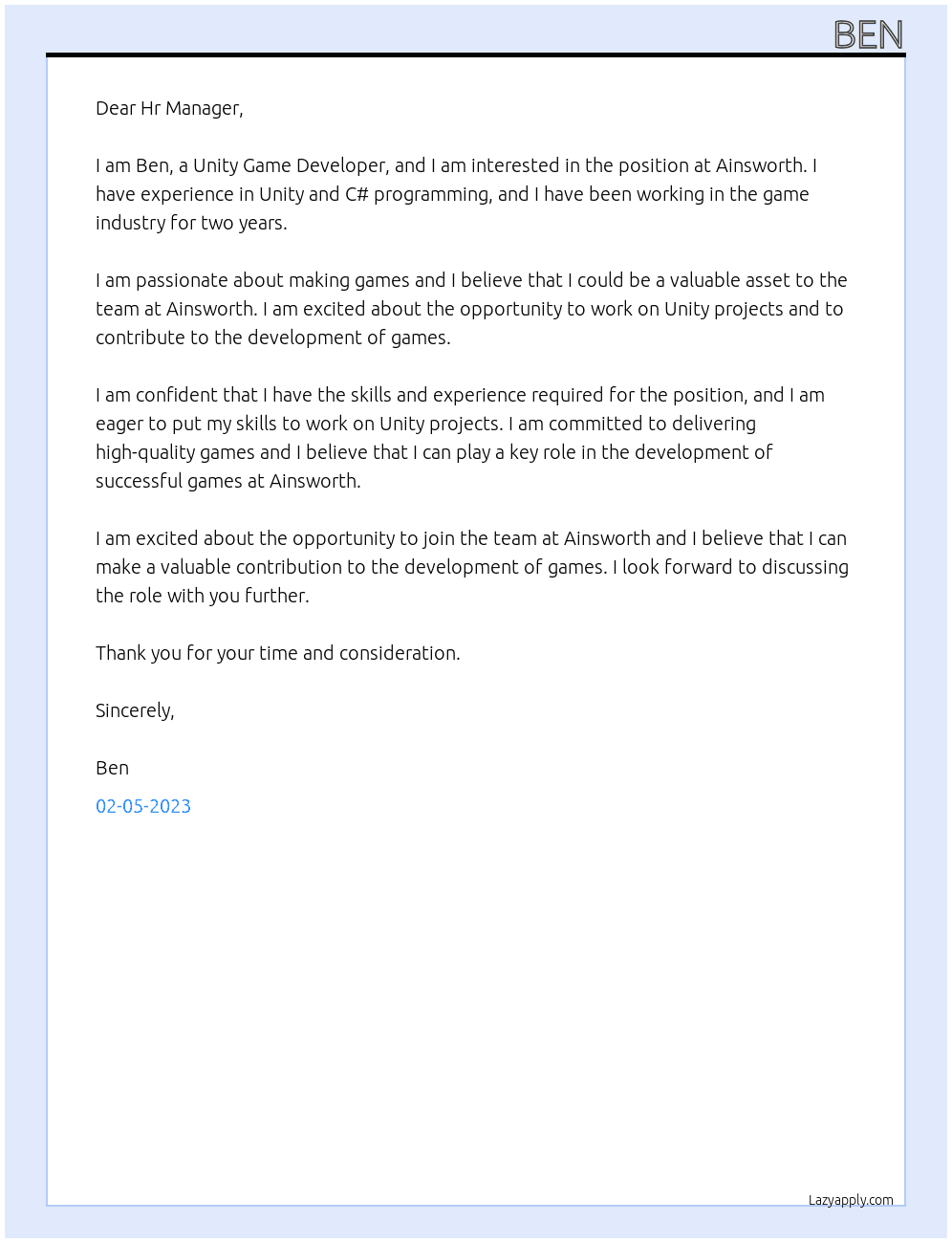 Unity Game Developer At Ainsworth Cover Letter