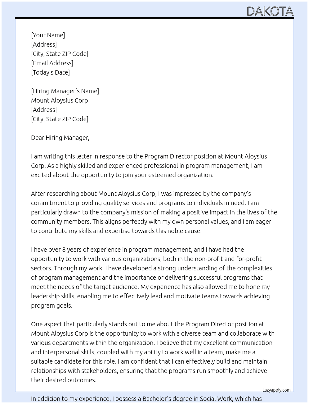 Program Director At Mount Aloysius Corp Cover Letter