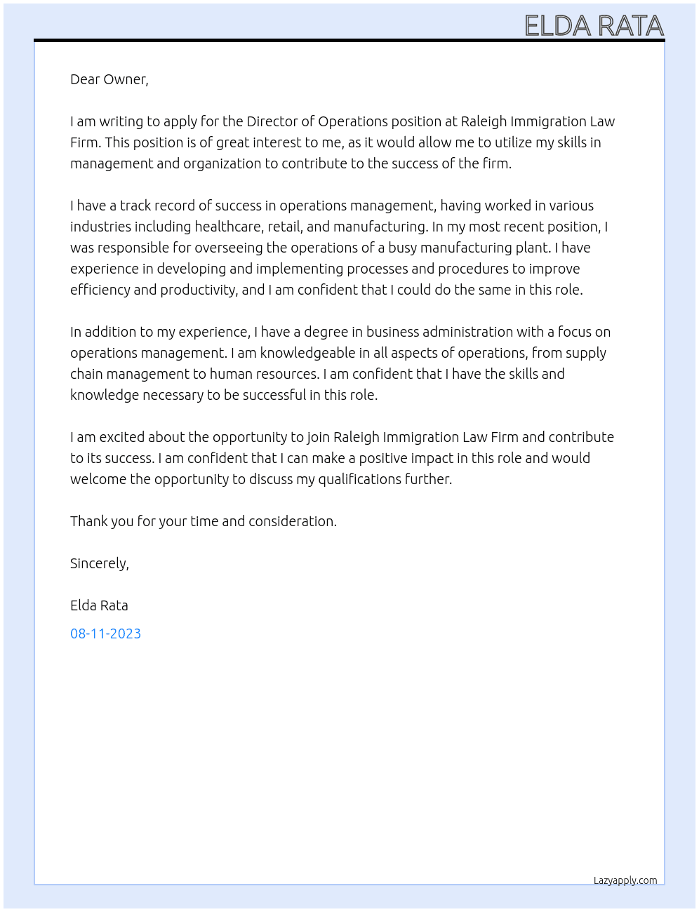 Director of Operations At Raleigh Immigration Law Firm Cover Letter