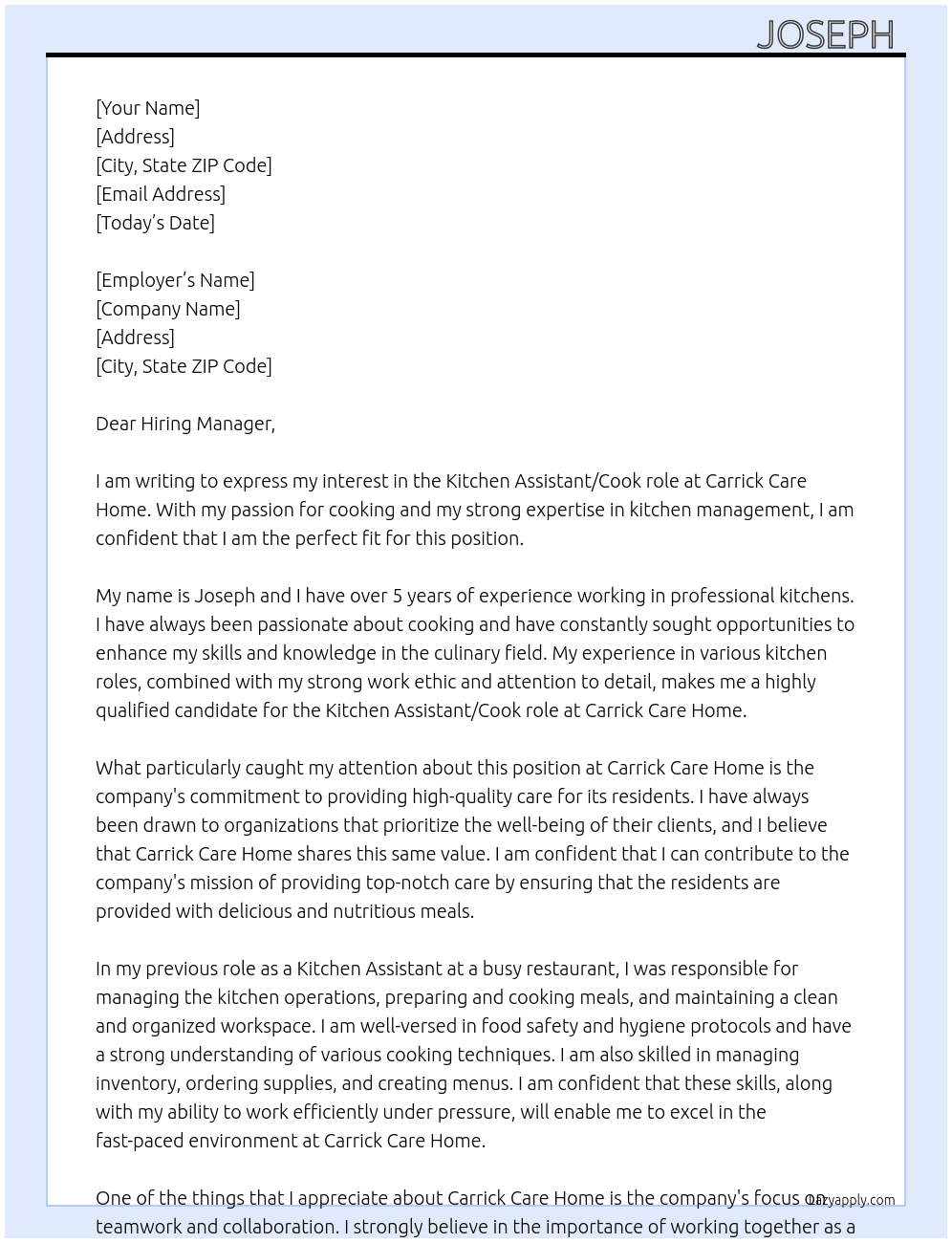 Kitchen assistant  At Carrick care home Cover Letter