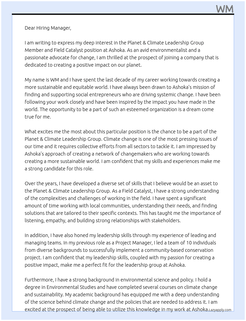 Planet & Climate Leadership Group Member and Field Catalyst At Ashoka Cover Letter