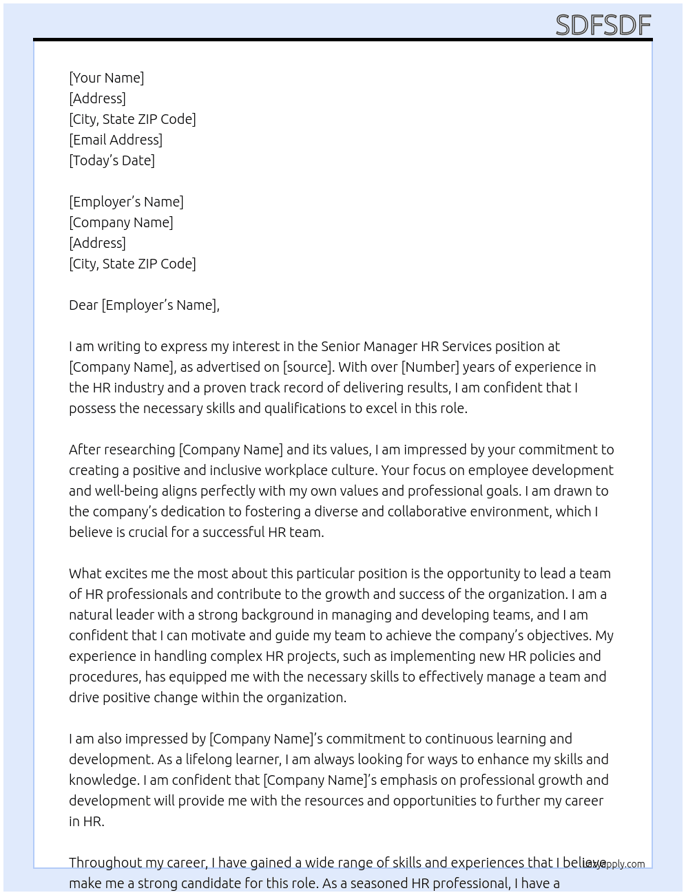 senior manager HR SERVICES At SFSDF Cover Letter