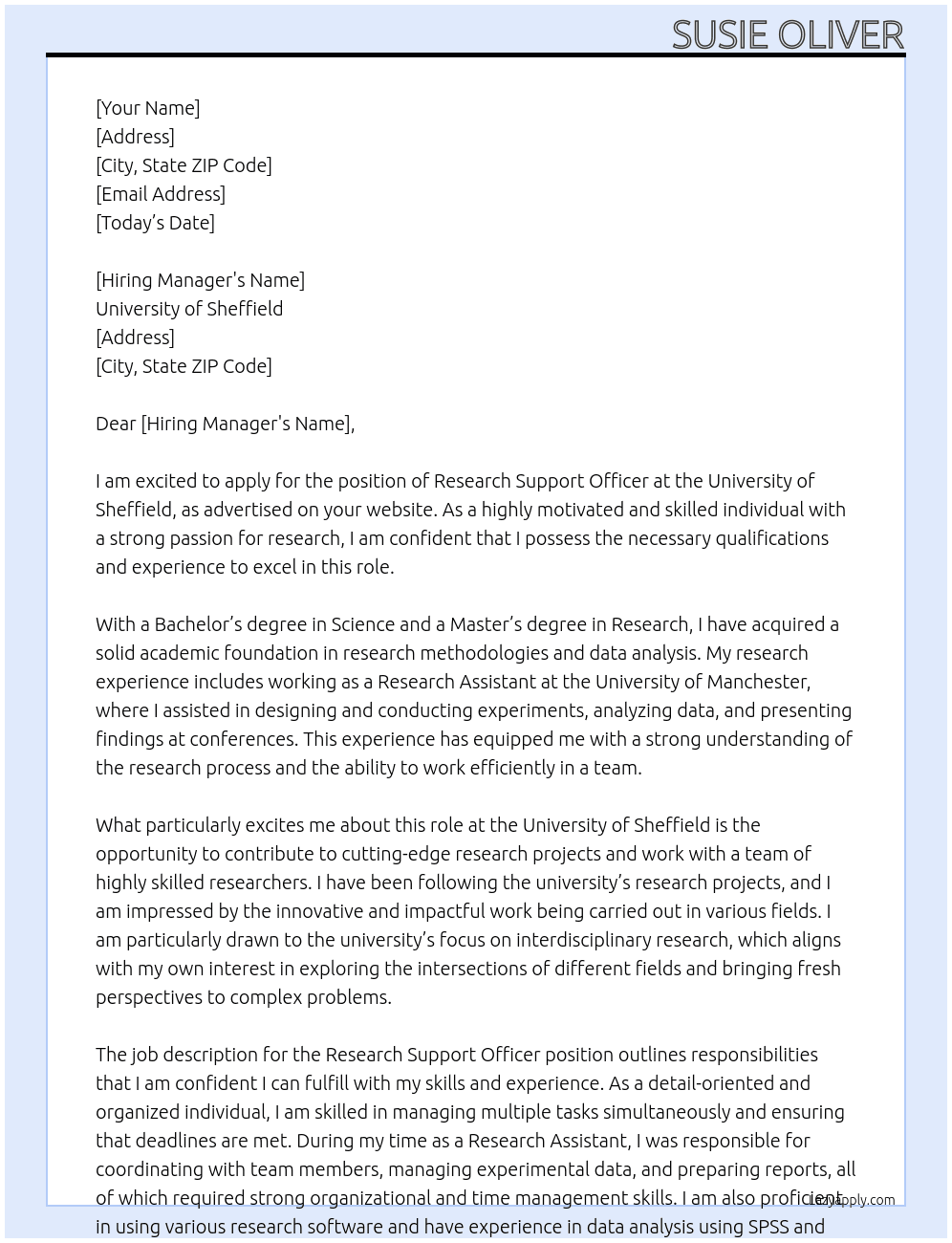 Research Support Officer At University of Sheffield Cover Letter