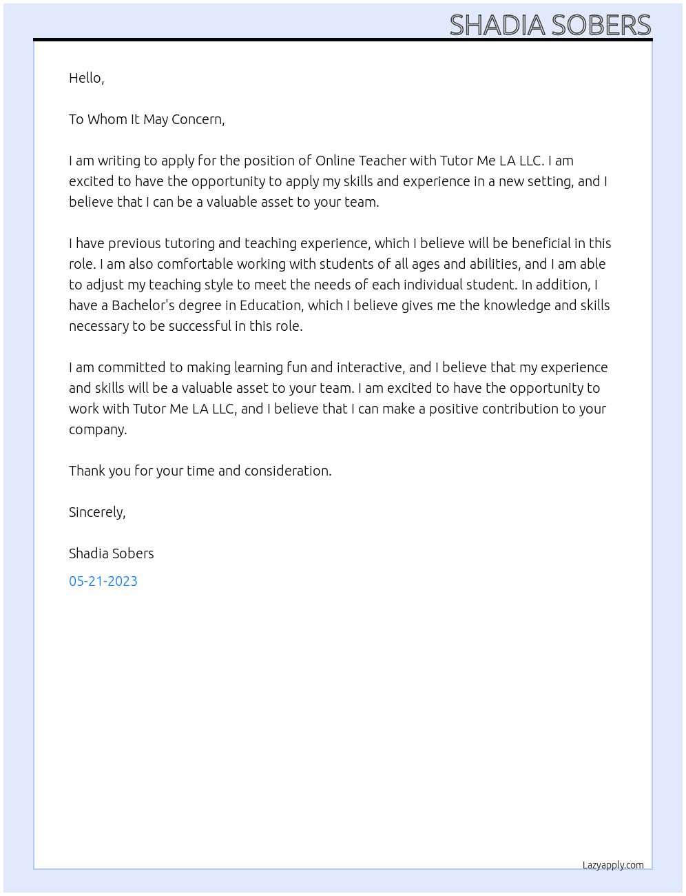 Online Teacher At Tutor Me LA LLC Cover Letter