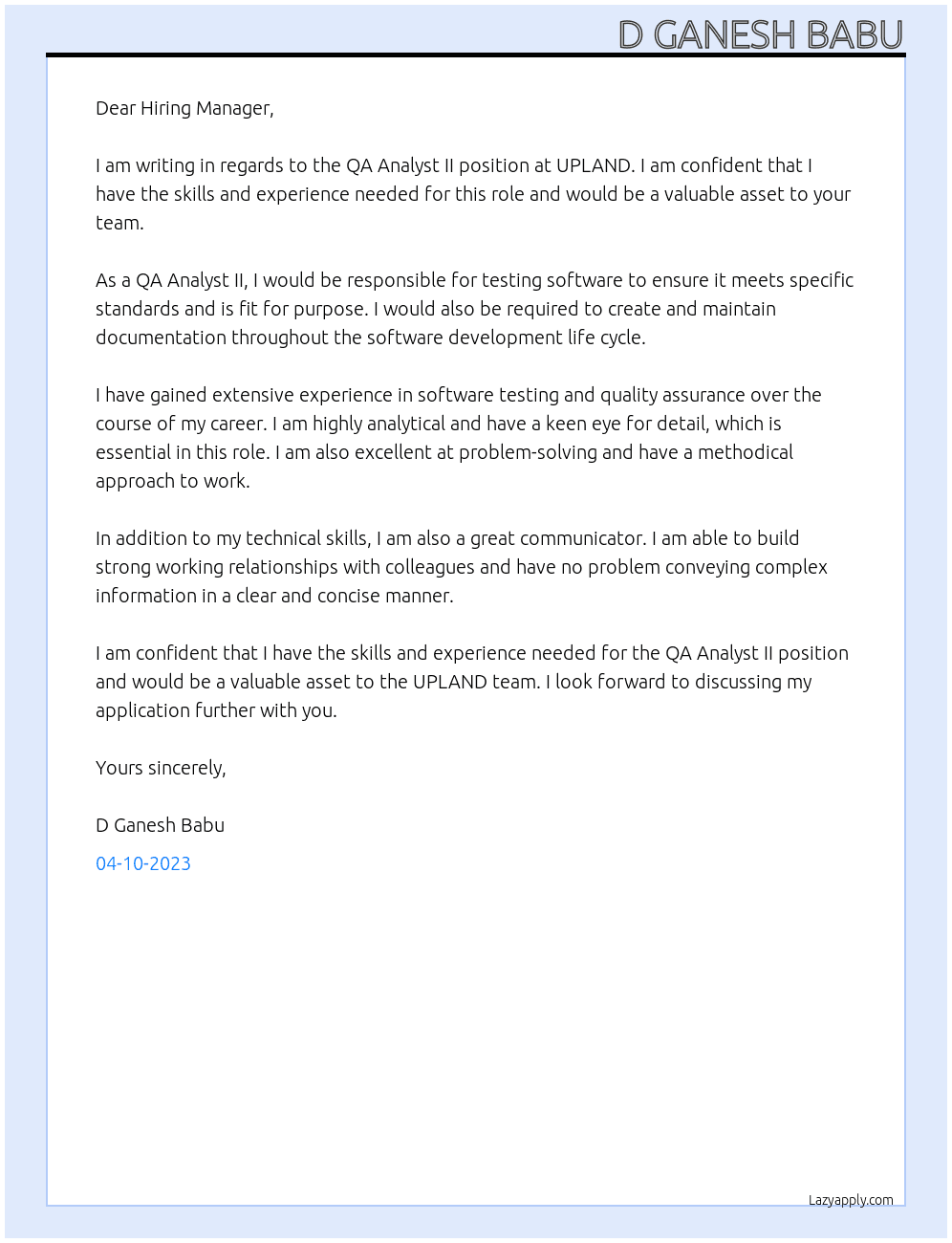 QA Analyst II At UPLAND Cover Letter