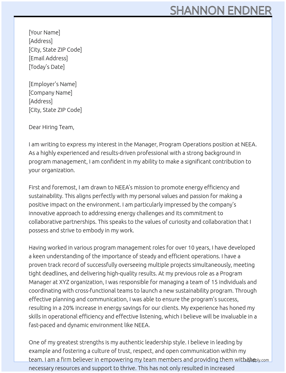 Manager, Program Operations At NEEA Cover Letter