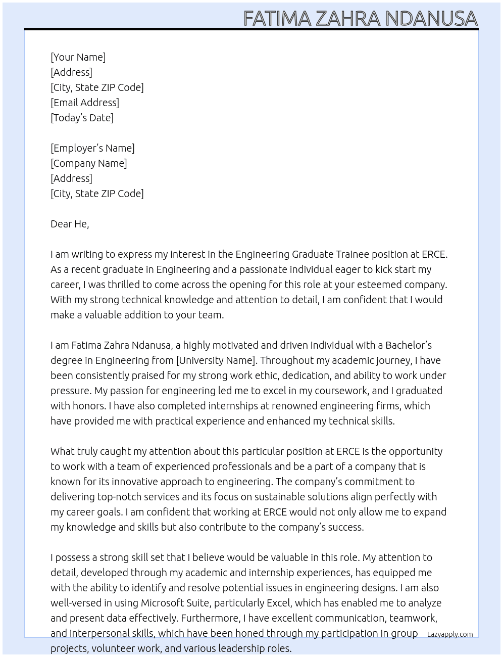 Engineering graduate trainee  At ERCE Cover Letter