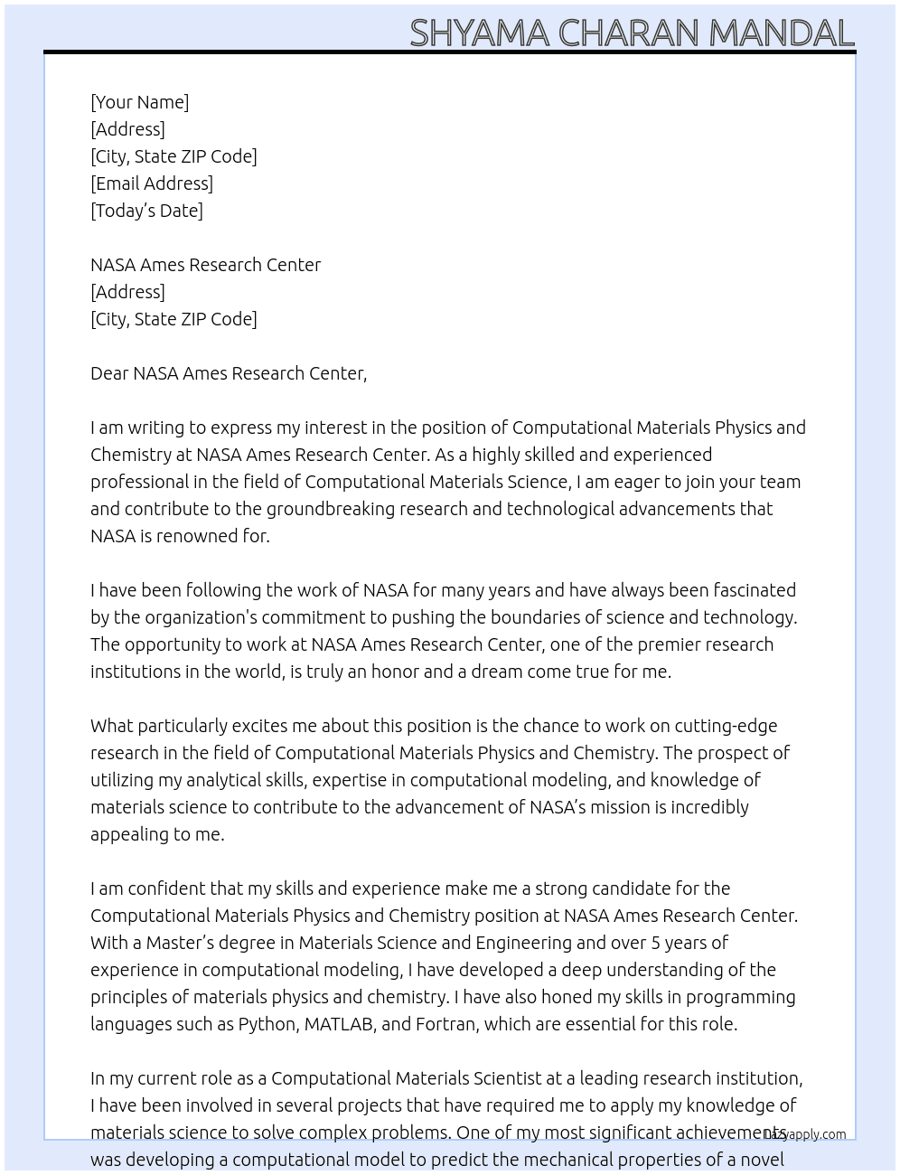 Computational Materials Physics and Chemistry at NASA Ames at NASA Ames Research Center At NASA Cover Letter