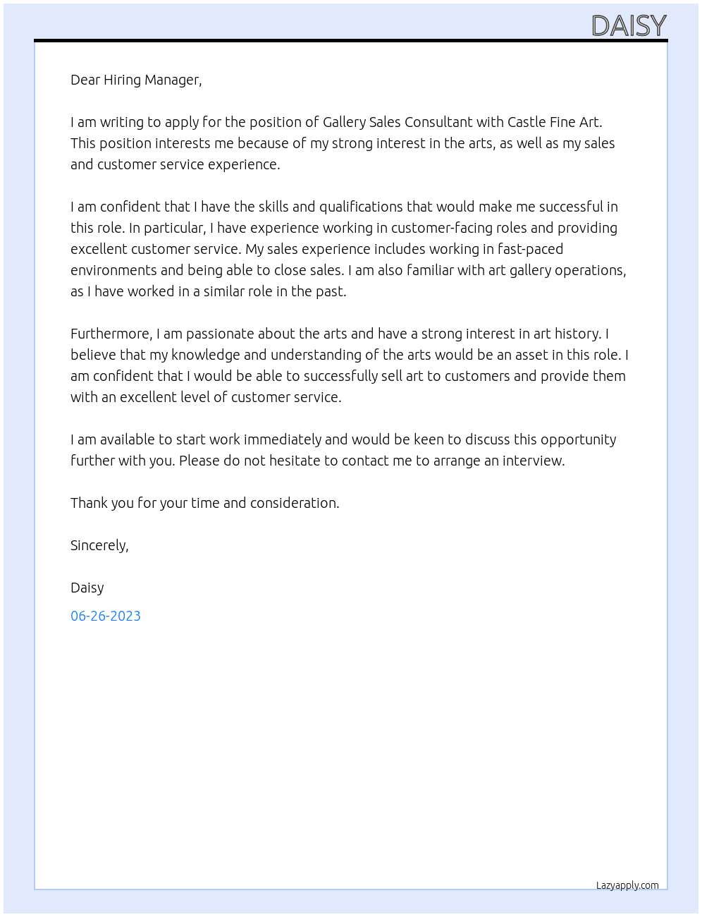 Gallery Sales Consultant At Castle Fine Art Cover Letter