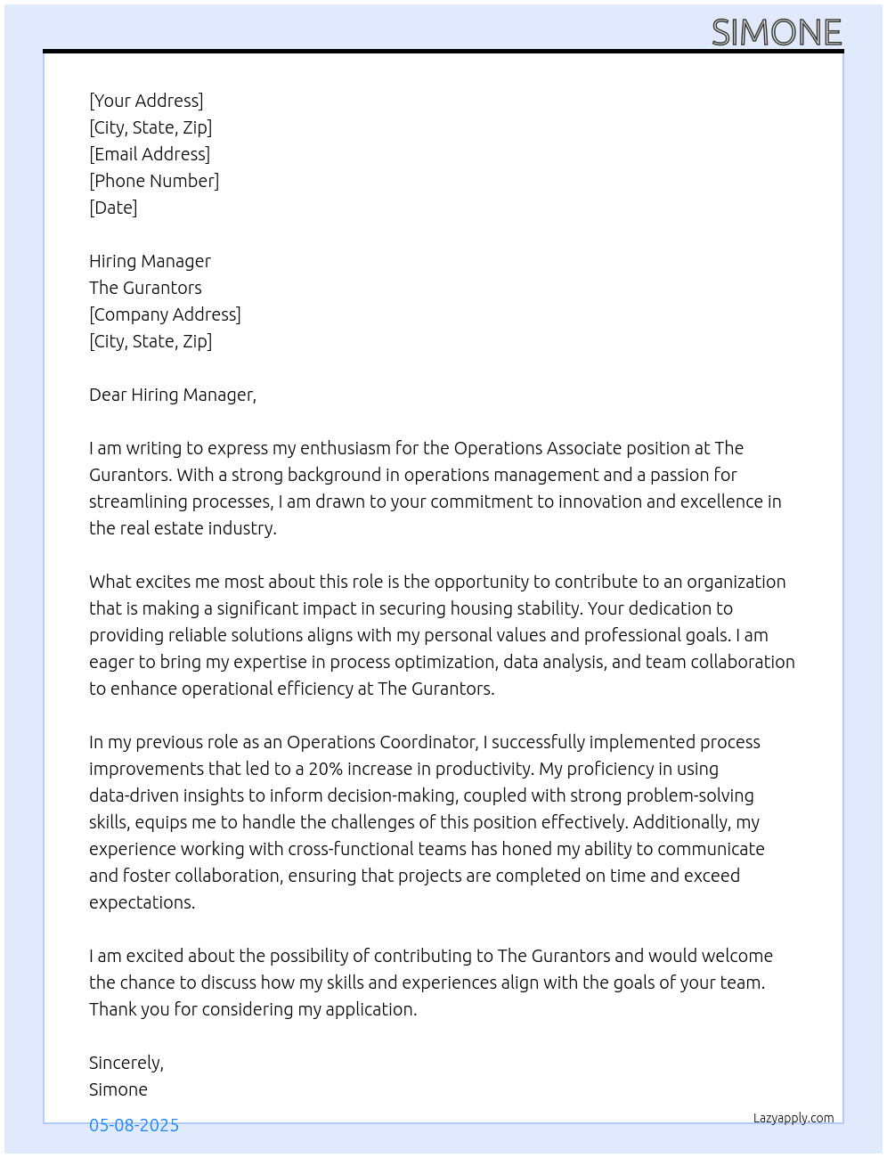Operations Associate At The Gurantors  Cover Letter