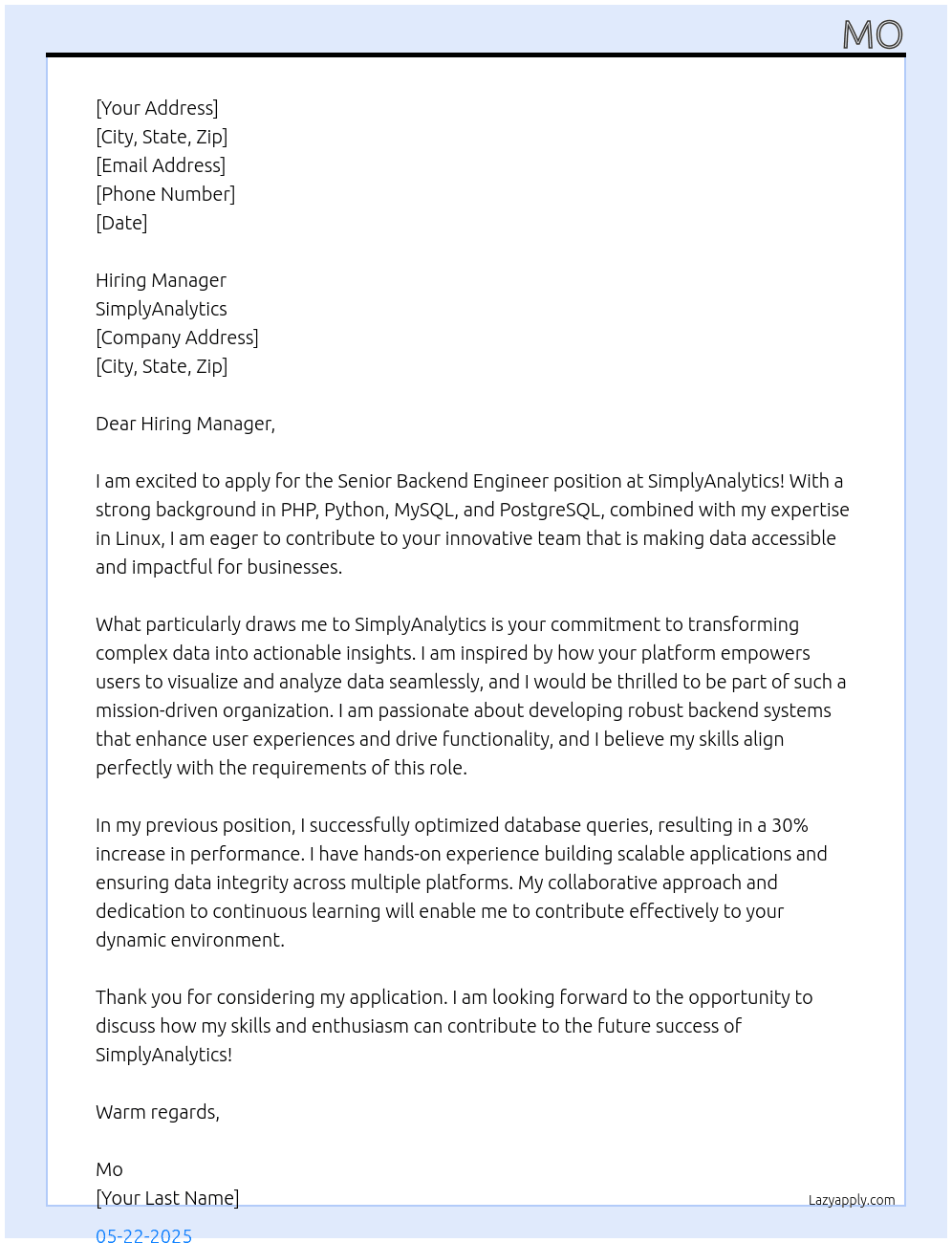 Senior Backend Engineer At SimplyAnalytics Cover Letter
