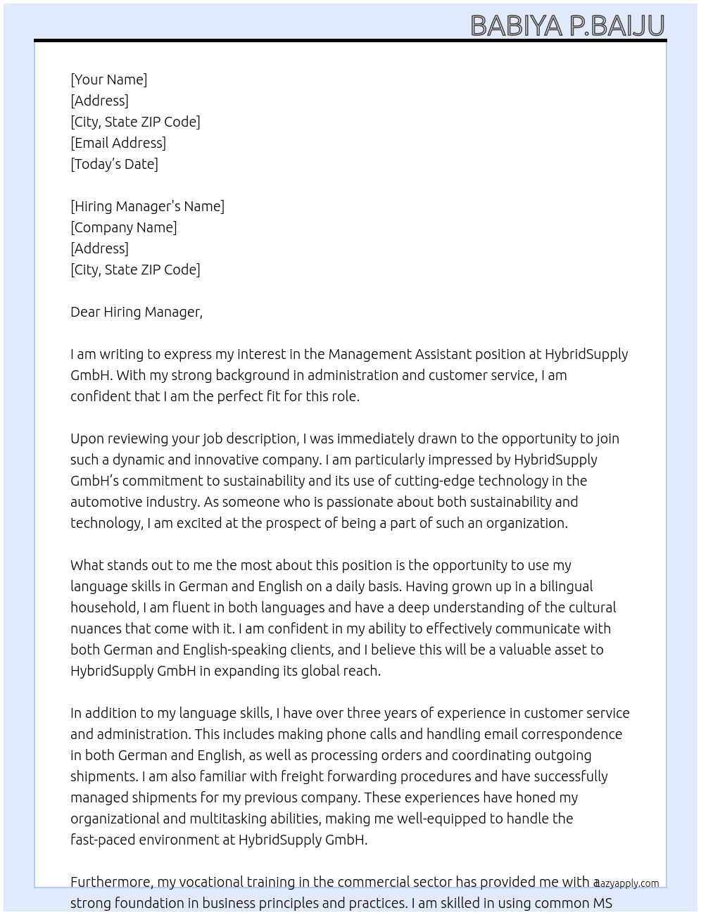 Management assistant  At HybridSupply GmbH Cover Letter